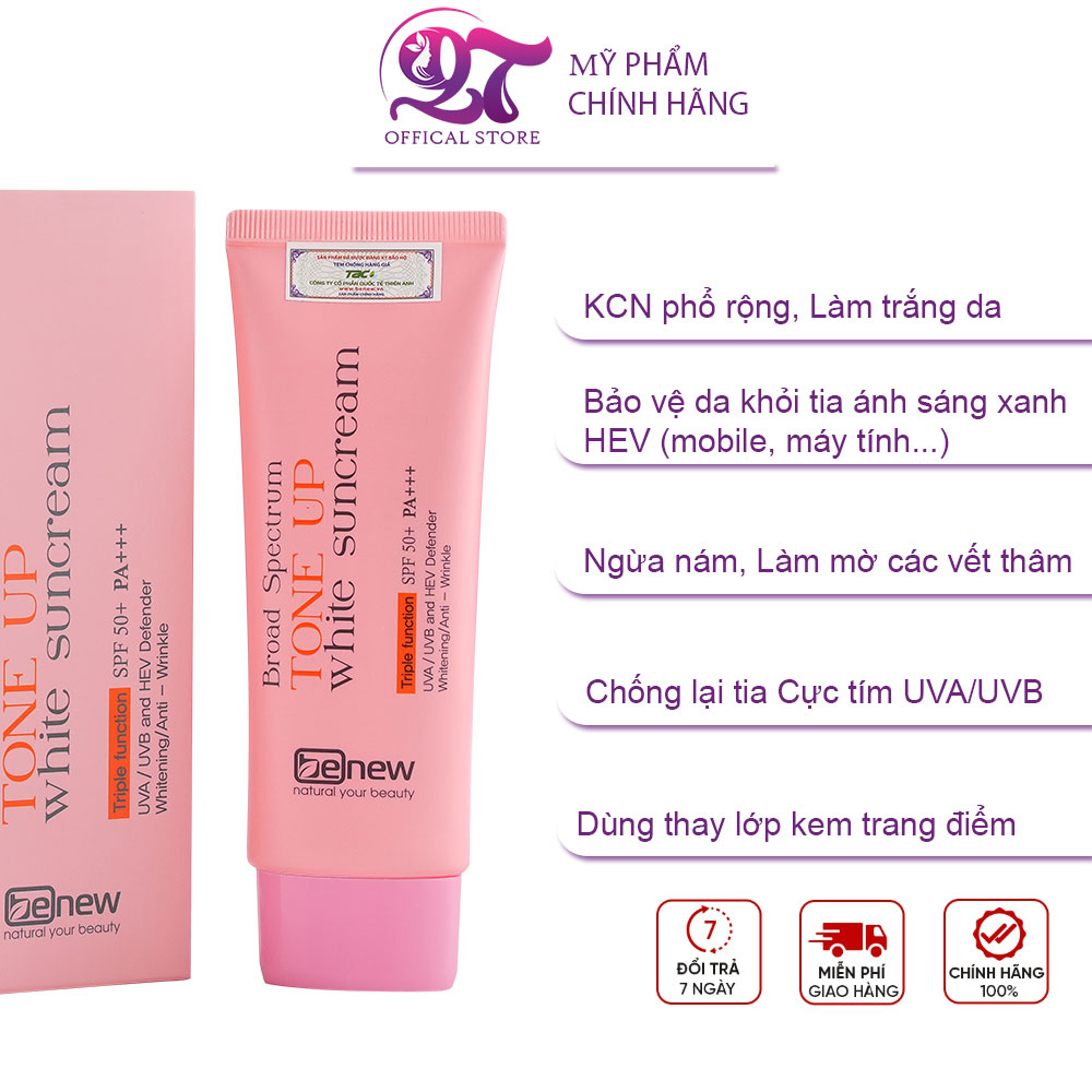 Kem chống nắng phổ rộng Nâng tone, Dưỡng trắng Benew Broad Spectrum Tone-up White Suncream SPF50+ PA+++70ml