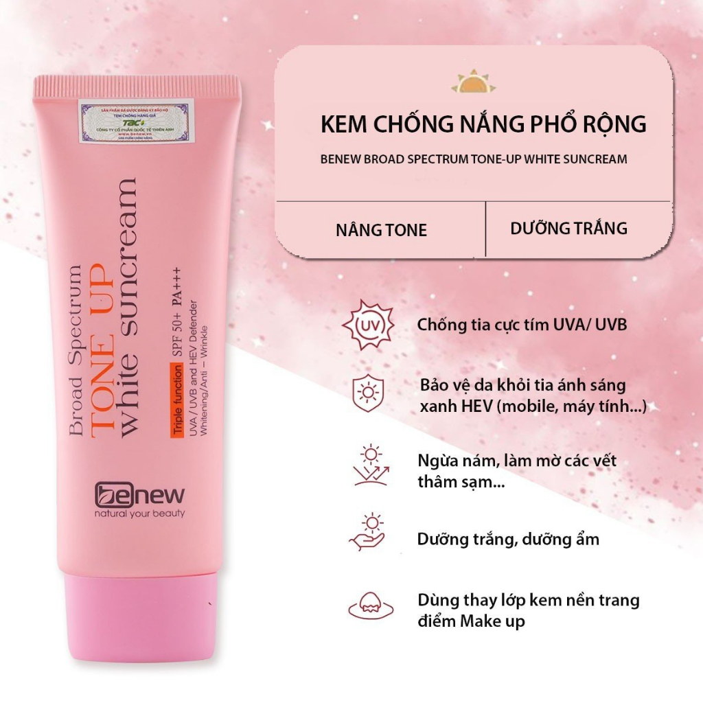 Kem chống nắng phổ rộng Nâng tone, Dưỡng trắng Benew Broad Spectrum Tone-up White Suncream SPF50+ PA+++70ml