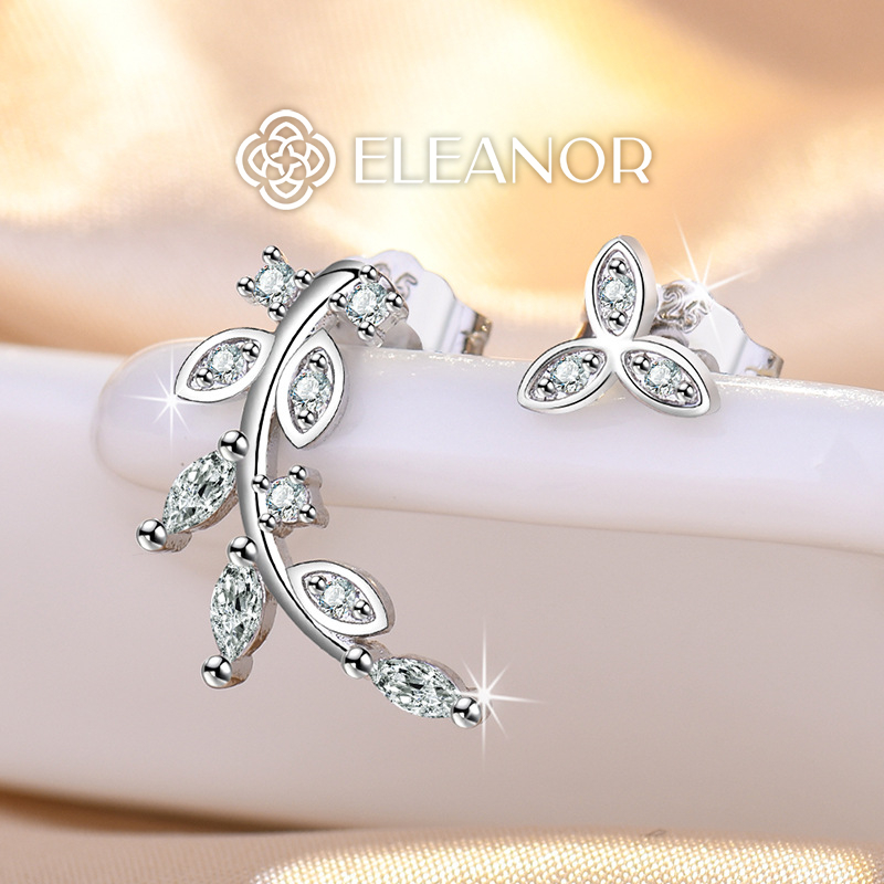 Bông tai nữ chuôi bạc 925 Eleanor Accessories bất đối xứng hình lá đính đá phụ kiện trang sức 5777
