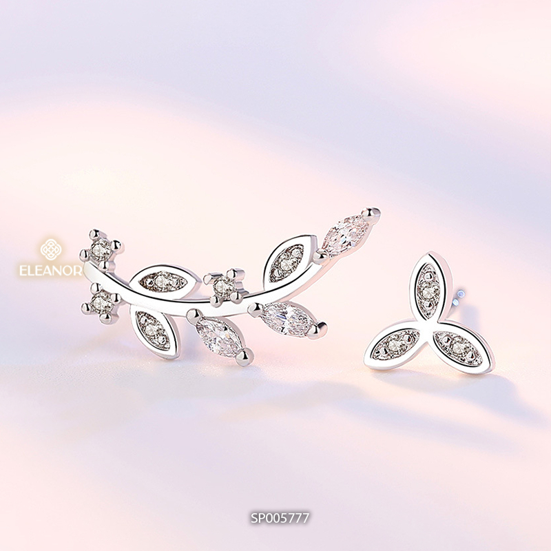 Bông tai nữ chuôi bạc 925 Eleanor Accessories bất đối xứng hình lá đính đá phụ kiện trang sức 5777