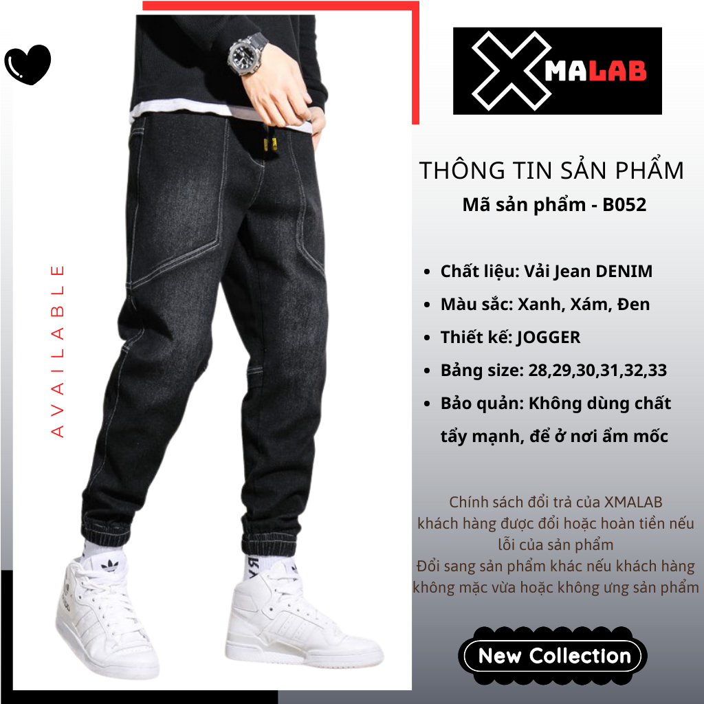 Quần jean jogger nam XMALAB dáng suông cạp chun bo gấu phá cách co dãn 4 chiều cực đẹp, chất vải bò xịn dễ phối đồ B052