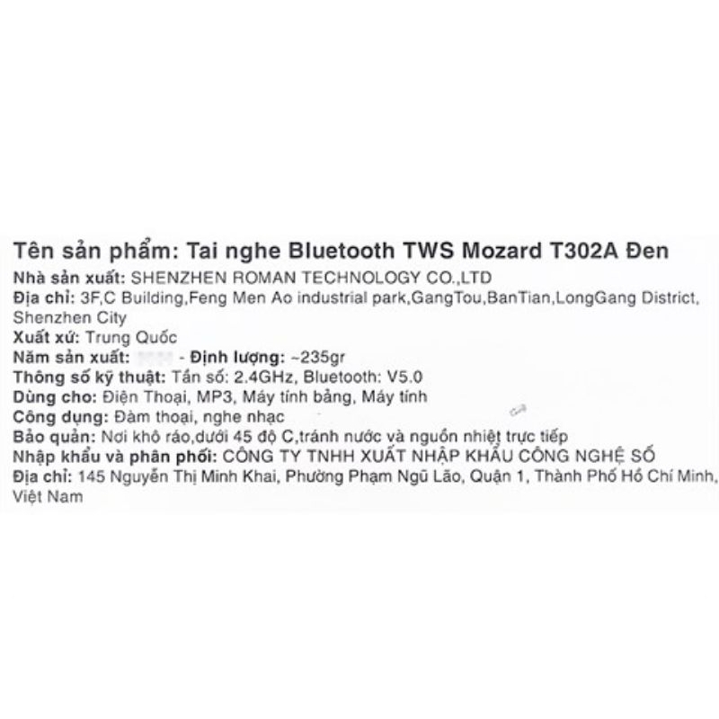 Tai nghe Bluetooth TWS Mozard T302A Đen