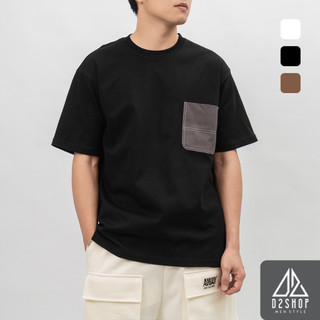 Áo thun nam D2shop, áo thun oversize phối túi , màu trắng, đen, nâu