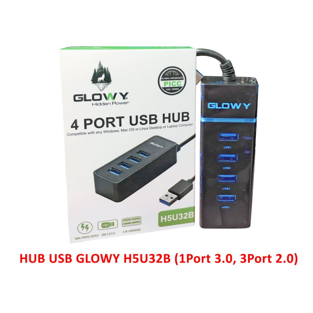 Hub 4 port usb Glowy H5U32B (1 port 3.0, 3 port 2.0)