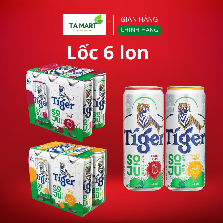 Lốc 6 lon Bia Tiger Soju vị Mận và vị Dưa Lưới - Lot of 6 cans of Tiger beer soju Wonder Melon &amp; Cheeky Plum