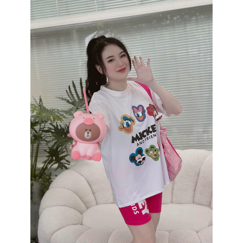 [6.6 Sales Freeship] Set áo thun from rộng tay ngắn in mickey mix quần lửng,bộ thun ngố 3 màu đi chơi dạo phố siêu xinh
