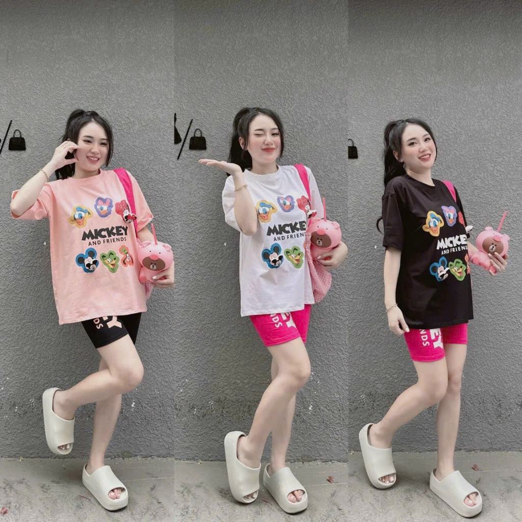 [6.6 Sales Freeship] Set áo thun from rộng tay ngắn in mickey mix quần lửng,bộ thun ngố 3 màu đi chơi dạo phố siêu xinh