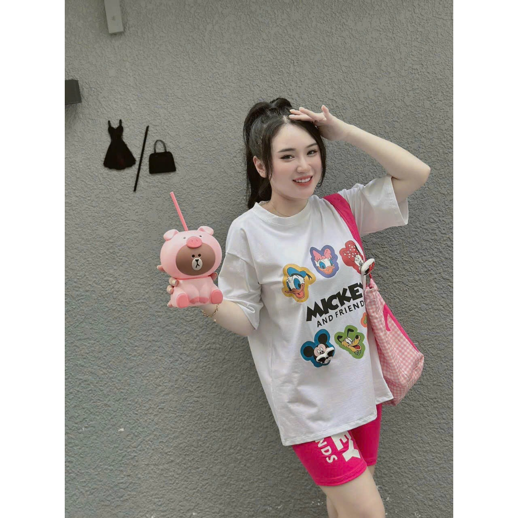 [6.6 Sales Freeship] Set áo thun from rộng tay ngắn in mickey mix quần lửng,bộ thun ngố 3 màu đi chơi dạo phố siêu xinh