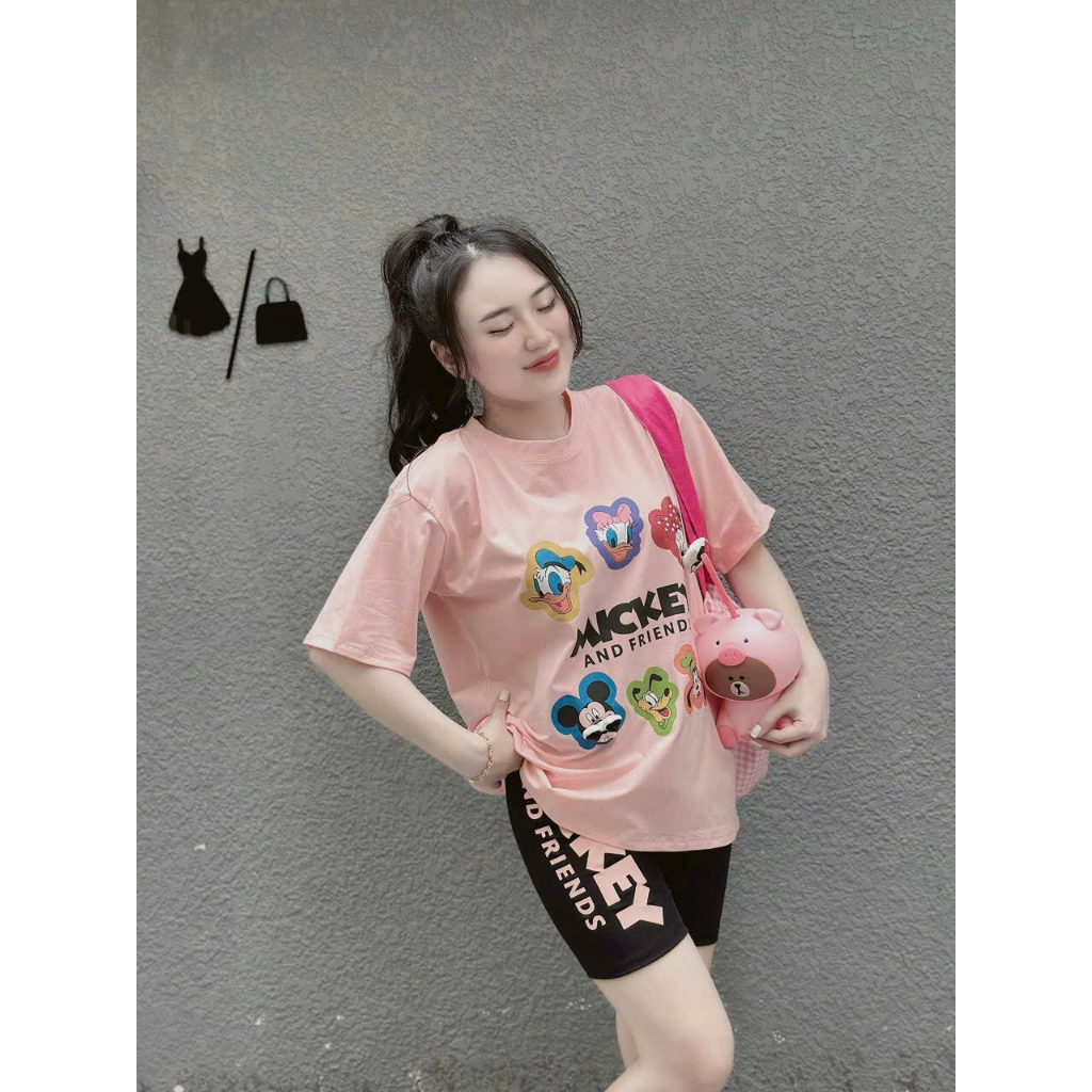 [6.6 Sales Freeship] Set áo thun from rộng tay ngắn in mickey mix quần lửng,bộ thun ngố 3 màu đi chơi dạo phố siêu xinh