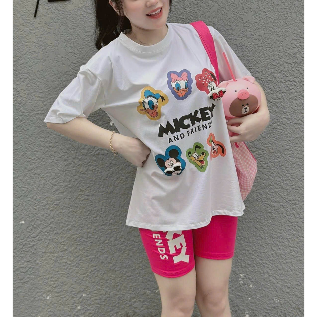 [6.6 Sales Freeship] Set áo thun from rộng tay ngắn in mickey mix quần lửng,bộ thun ngố 3 màu đi chơi dạo phố siêu xinh