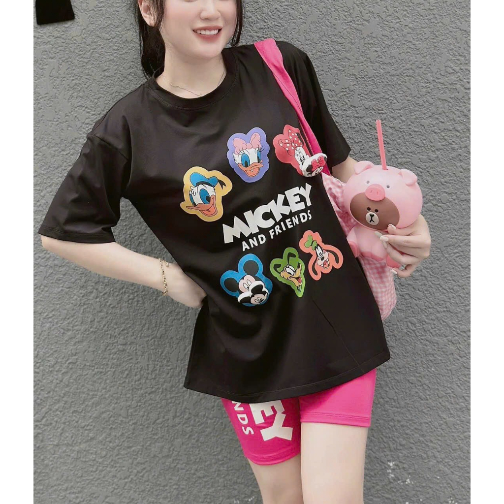 [6.6 Sales Freeship] Set áo thun from rộng tay ngắn in mickey mix quần lửng,bộ thun ngố 3 màu đi chơi dạo phố siêu xinh