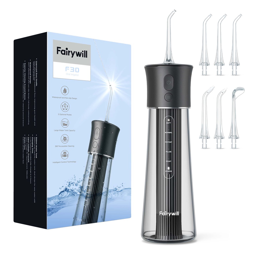 Tăm nước Fairywill F30/FW5020E thương hiệu Mỹ dễ sử dụng- 300ML- 5 chế độ- Pin 70 ngày- 6 đầu tăm- Chống nước 2 lớp | BigBuy360 - bigbuy360.vn