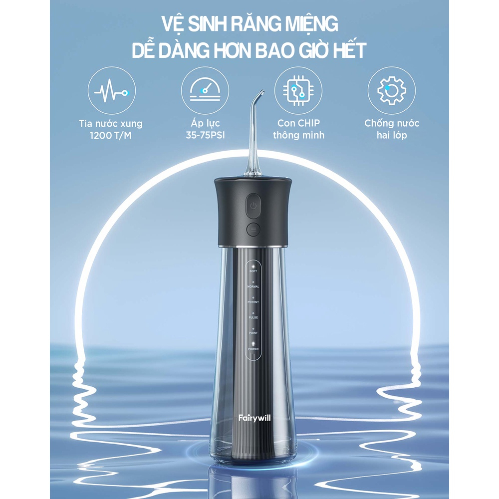 Tăm nước Fairywill F30/FW5020E thương hiệu Mỹ dễ sử dụng- 300ML- 5 chế độ- Pin 70 ngày- 6 đầu tăm- Chống nước 2 lớp | BigBuy360 - bigbuy360.vn