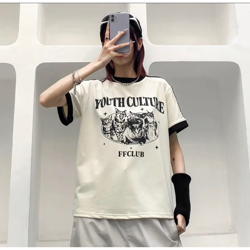 ÁO Thun Form Fit FFCLUB CAT CREW . Áo  phông Baby Tee Phối Tay Sọc Chất Cotton Co Giãn Kemshop1908