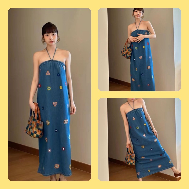 Váy Suông Denim Cổ Yếm Hoạ Tiết
