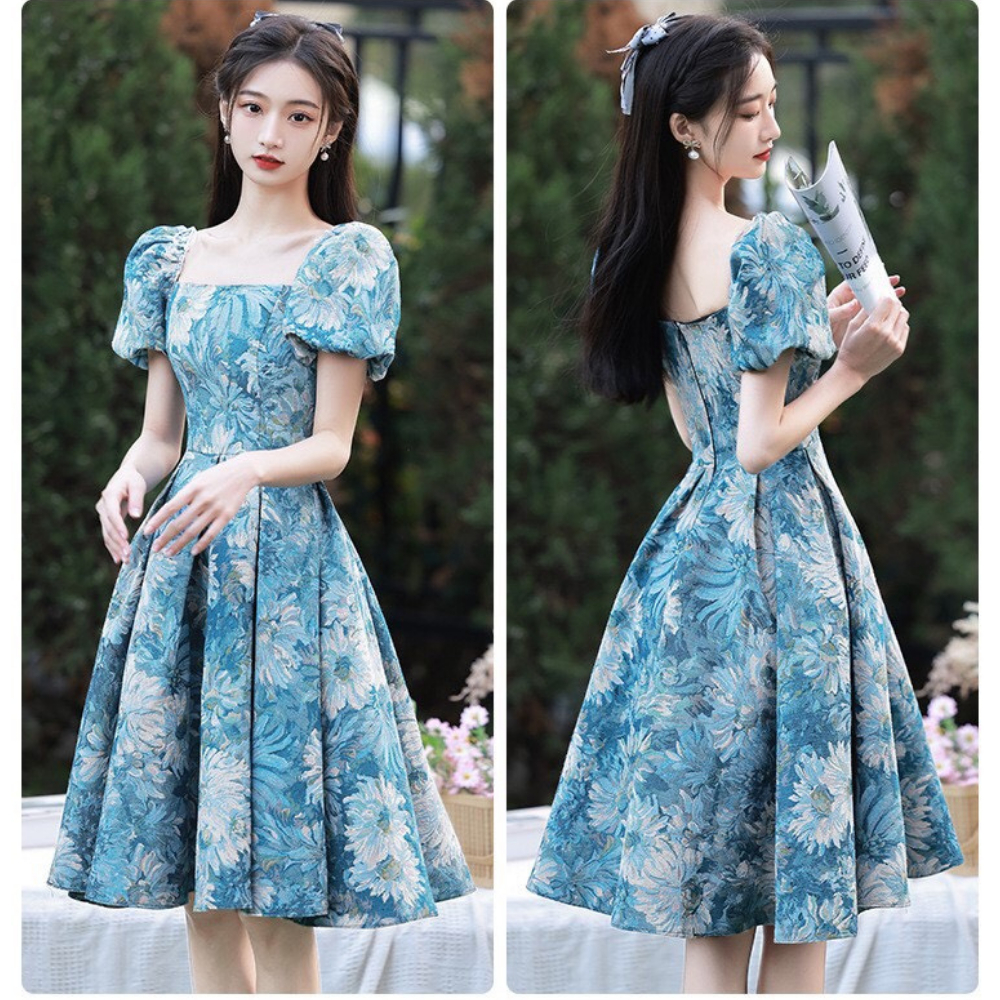 Đầm Cổ Vuông Tay Bồng TYLANSTORE Đầm Đi Tiệc Chất Liệu Vải Taffa Cao Cấp, Đi Chơi Sang Trọng - Đầm Thiết Kế