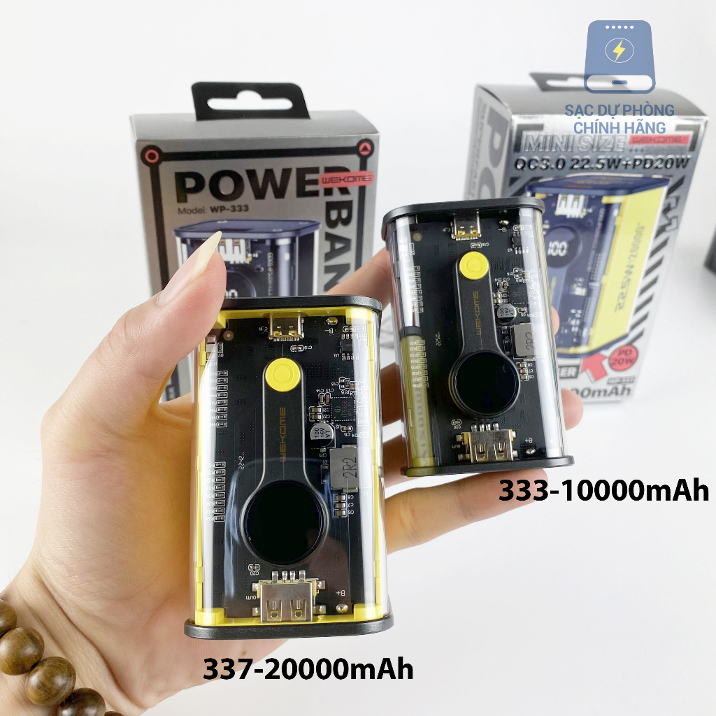 Sạc dự phòng trong suốt WP-333/337, dung lượng 10000/ 20000mAh, sạc nhanh 22.5W + PD20W, bảo hành 12 tháng.