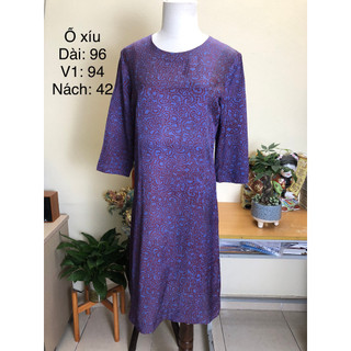 Đầm si tuyển 2hand dài tay, vải thô tông tím họa tiết nâu, dáng xuông, ố xíu