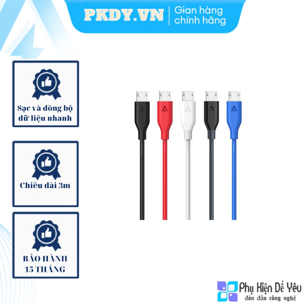 Cáp Micro USB Anker PowerLine 3m - Màu Đen [Phân phối chính hãng]