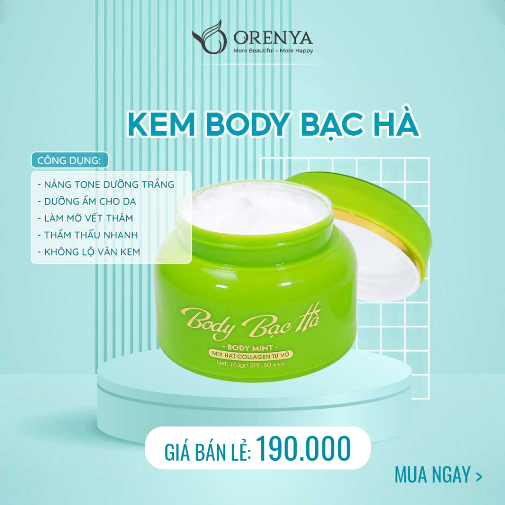 Kem dưỡng trắng da body chiết xuất bạc hà Orenya SPF50+++ hũ 180g