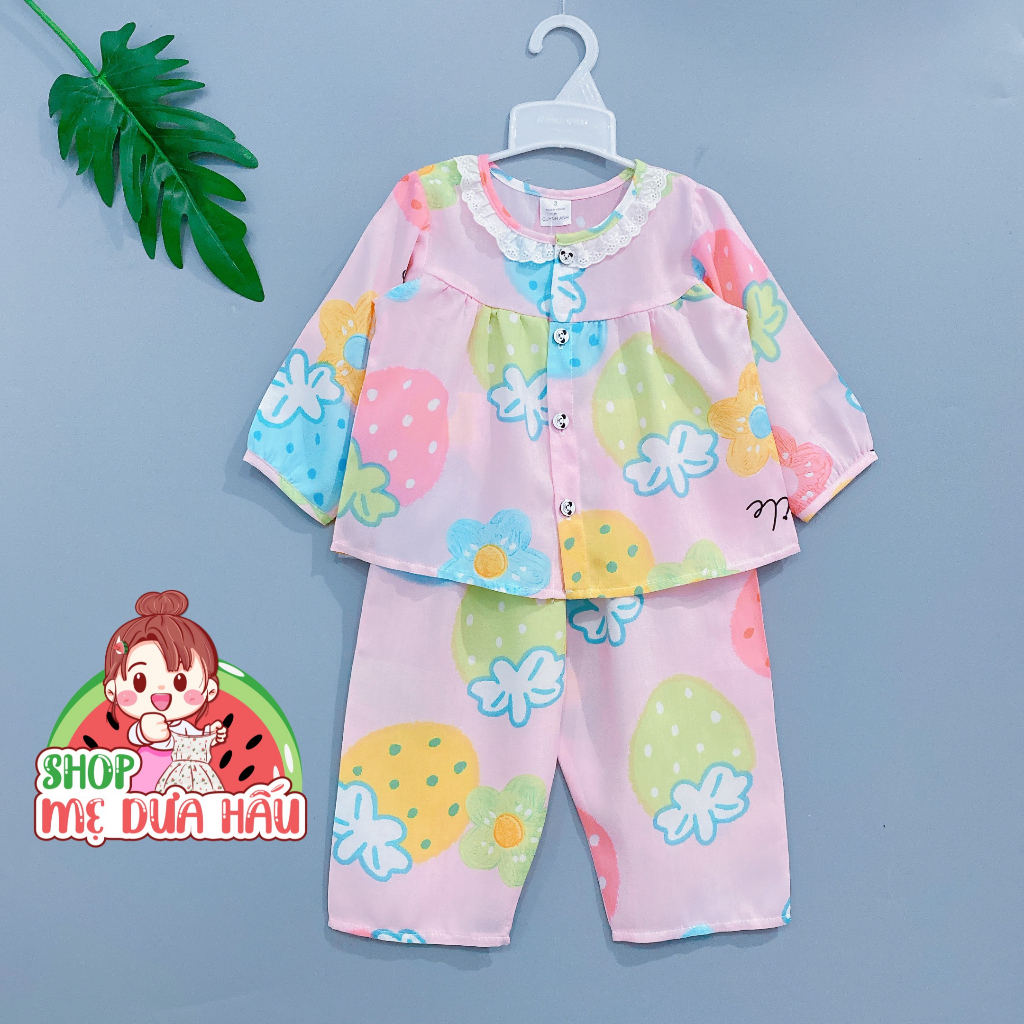 Bộ ngủ bé gái bộ tole lanh dài tay cài giữa phối ren cổ bé gái 8-32kg shop mẹ dưa hấu