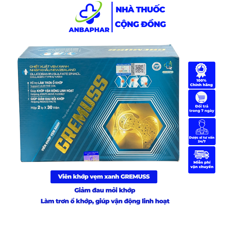 Viên uống bổ xương khớp Vẹm Xanh Gremus giảm viêm khớp, thoát vị đĩa đệm, đau vai gáy, tê bì chân tay hộp 2 lọ x 30 viên