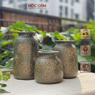 Bộ set 3 bình gốm khắc tay họa tiết hoa sen, men xanh mộc cổ kính 3 kích thước | Mộc Gốm MG200