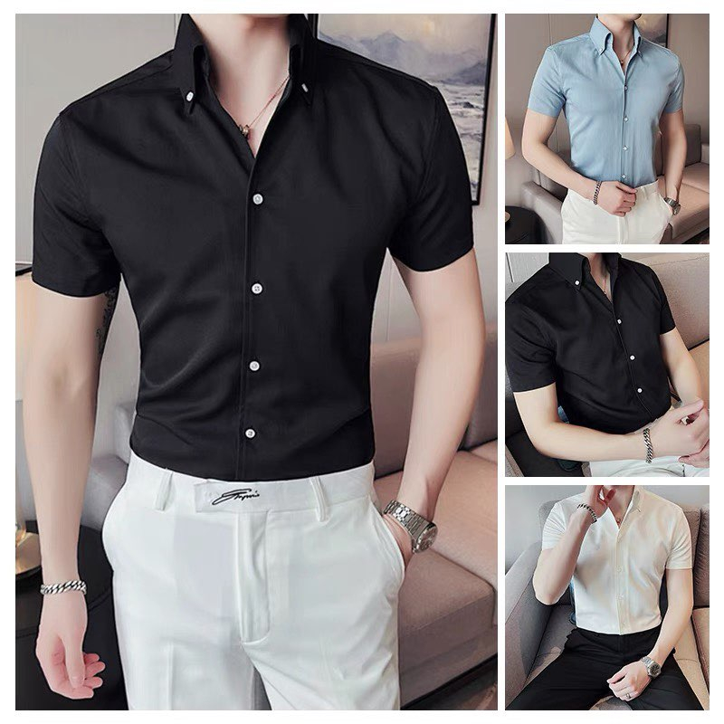 Áo sơ mi nam cộc tay kiểu cổ chữ V form body ôm dáng chất vải lụa hàn mịn không nhăn không xù dễ mặc dễ phối đồ