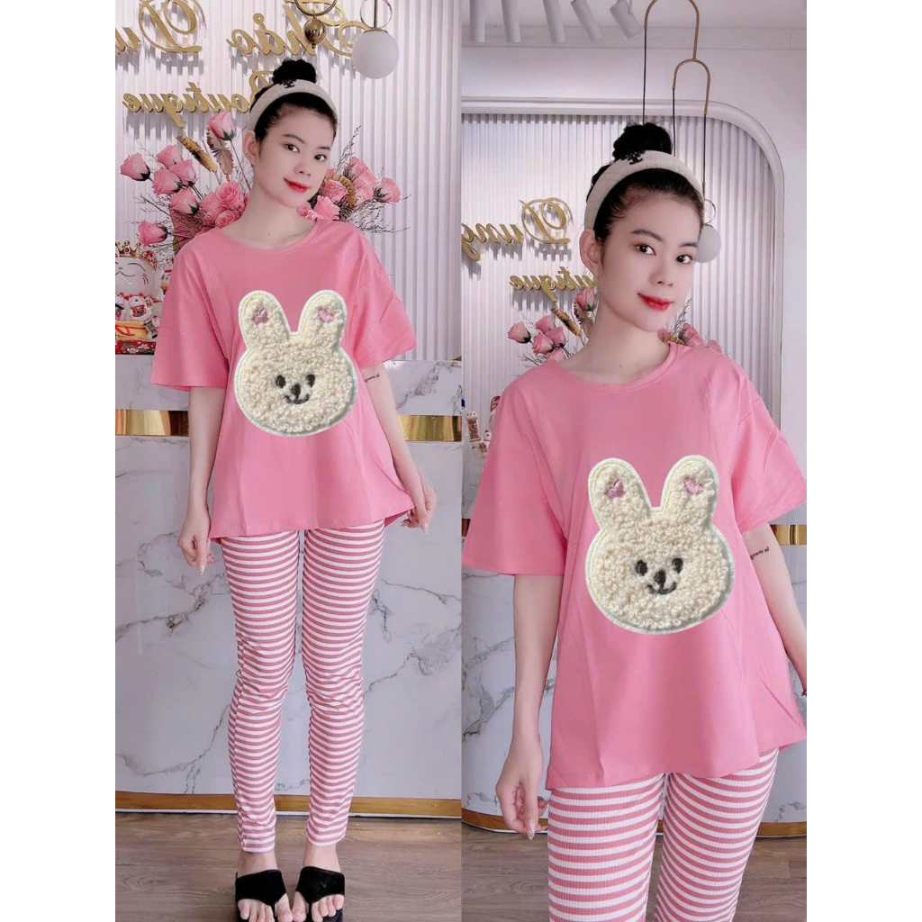 [6.6 Sales Freeship] Sre áo thun from rộng in thỏ lông xoắn lưng mix quần ôm dài kẻ sọc nhiều màu mặc nhà thoải mái mtb