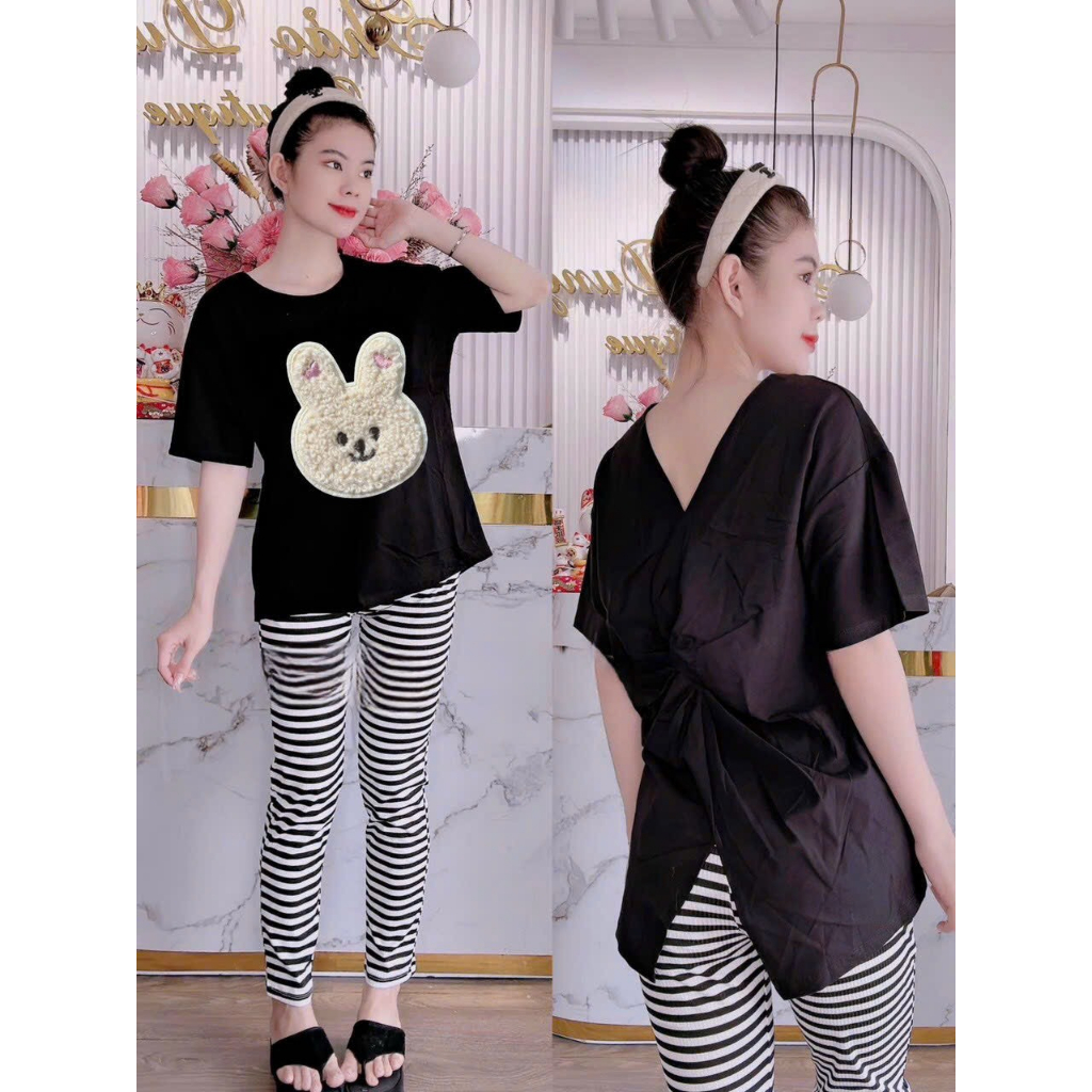 [6.6 Sales Freeship] Sre áo thun from rộng in thỏ lông xoắn lưng mix quần ôm dài kẻ sọc nhiều màu mặc nhà thoải mái mtb