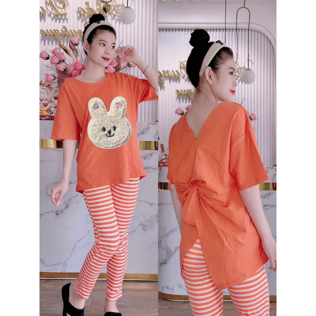 [6.6 Sales Freeship] Sre áo thun from rộng in thỏ lông xoắn lưng mix quần ôm dài kẻ sọc nhiều màu mặc nhà thoải mái mtb