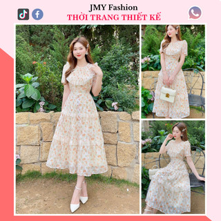 V282 Váy cam hoa nhí dáng dài tiểu thư nữ tính [Hà Thanh] váy voan cam cổ bèo đi biển đi chơi siêu xinh