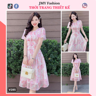 V285 Váy voan hoa hồng xếp ly eo [Hà Thanh] váy voan hoa xoè hồng nhún ngực nữ tính