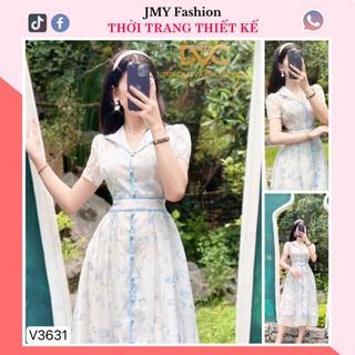V3631 Váy voan hoa nhí tiểu thư xoè cổ V váy xanh hoa nhí xanh cổ vest nữ tính