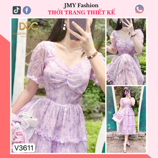 V3611 Váy tơ hoa nhí tím xoè cổ tim tiểu thư váy voan hoa nhí cổ tim nữ tính