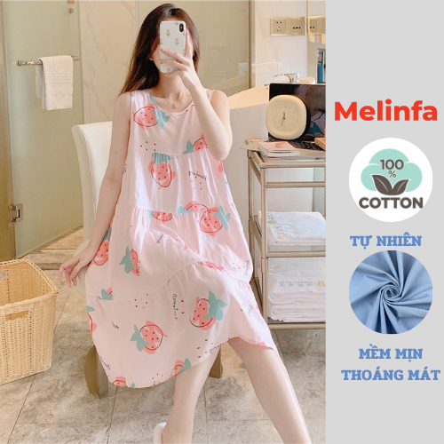 Váy đầm ngủ mặc ba lỗ chất vải Cotton lụa tự nhiên thoáng mát mềm mịn dáng chữ A rộng rãi mã VAV0251