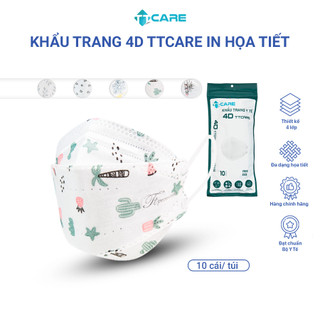 Khẩu trang y tế 4D TTcare chống nắng lọc bụi họa tiết dễ thương kháng khuẩn 99% tiêu chuẩn Bộ y tế túi 10 cái