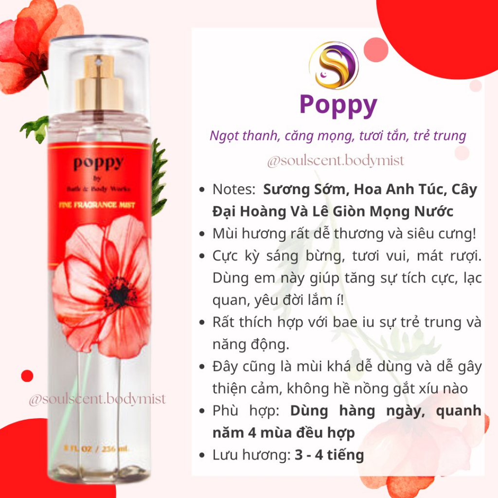 Body mist POPPY xịt thơm toàn thân Bath & Body Works (AUTH Mỹ) | Soul Scent