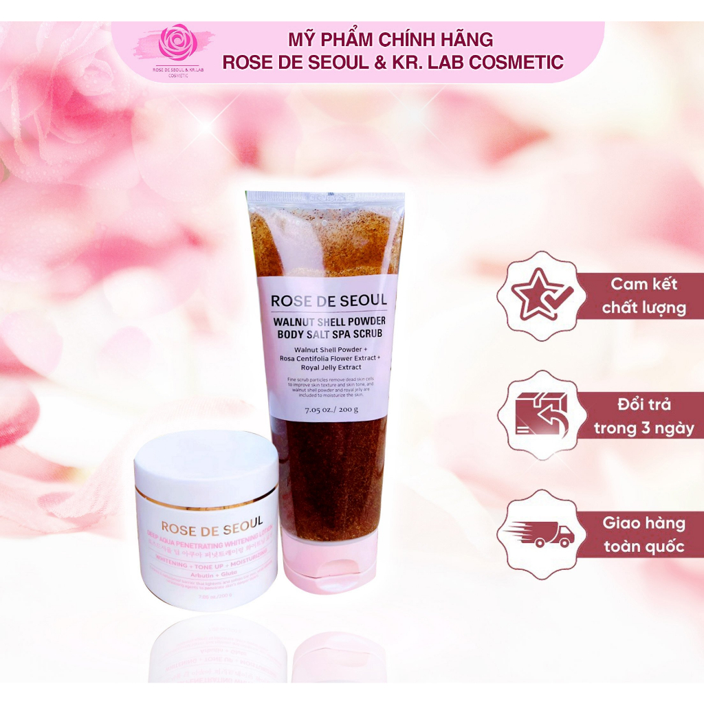 Combo kem body Rose de Seoul 200g + sữa tắm tẩy tế bào chết hạn 2026 dưỡng da trắng sáng từ bên trong