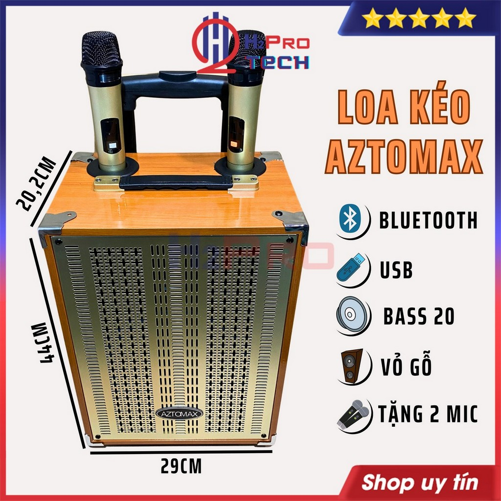 Loa Kéo Karaoke Aztomax Az-202 Bass 20 Bluetooth, Có Màn Hình, Công Suất Lớn, Bass Ấm-Lời Sáng, Tặng 2 Mic-H2Pro Tech