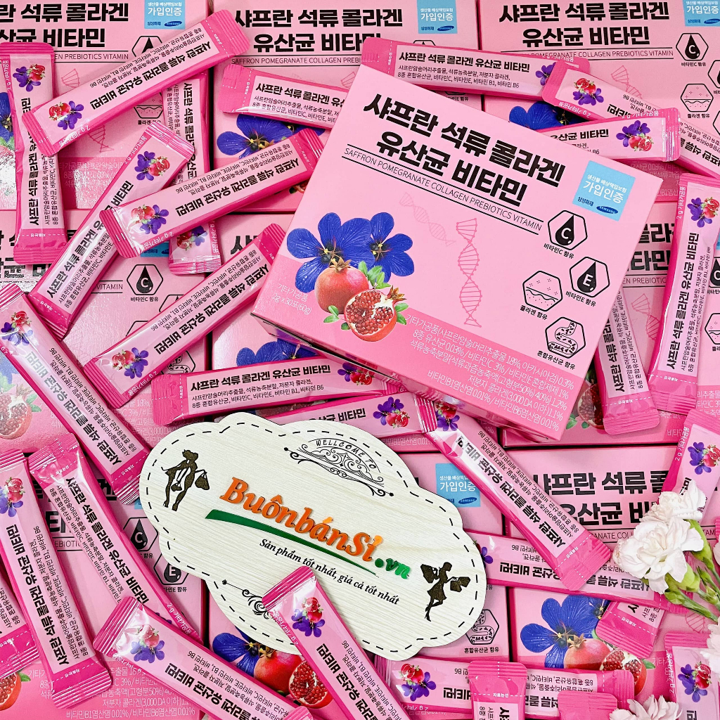 Bột Uống Collagen Lựu Saffron Hỗ Trợ Đẹp Da Chống Lão Hóa Saffron Pomegranate Collagen Prebiotics Vitamin 2gr x 30 Gói