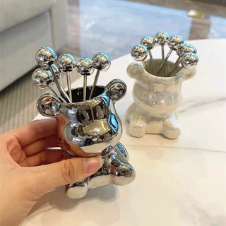 Dĩa ăn hoa quả nĩa trái cây inox không gỉ kèm ống đựng hình Gấu gốm sứ cao cấp