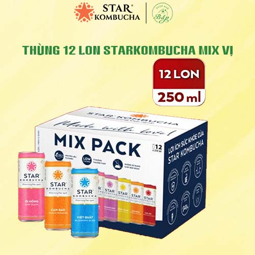 ( Date 2025)Thùng 12 lon trà STAR KOMBUCHA - Trà lên men vi sinh chứa probiotics giúp bảo vệ sức khoẻ