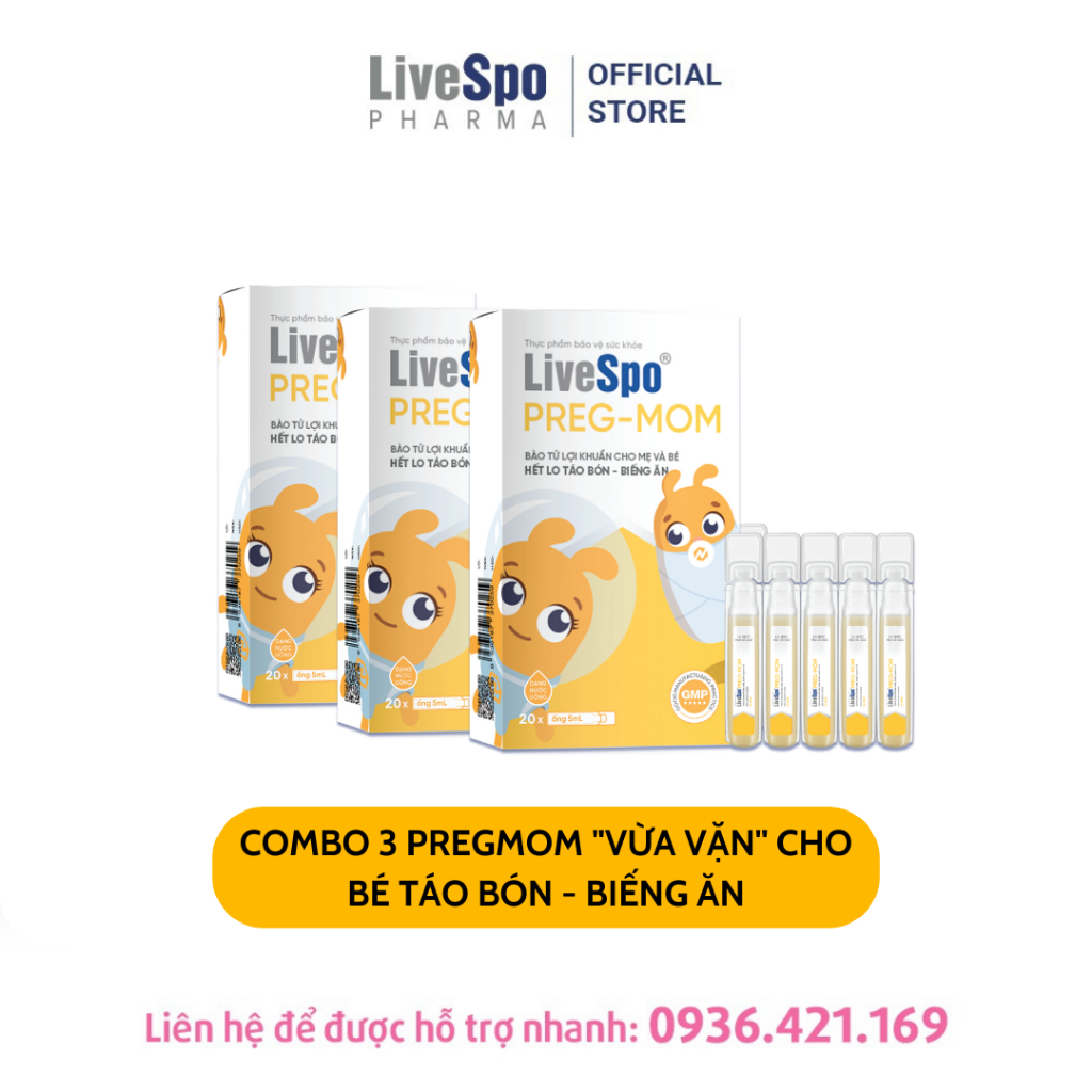 3 Hộp Bào tử lợi khuẩn LiveSpo Pregmom hỗ trợ giảm táo bón rối loạn tiêu hóa, tăng cường sức đề kháng (Hộp 20 ống x5ml)