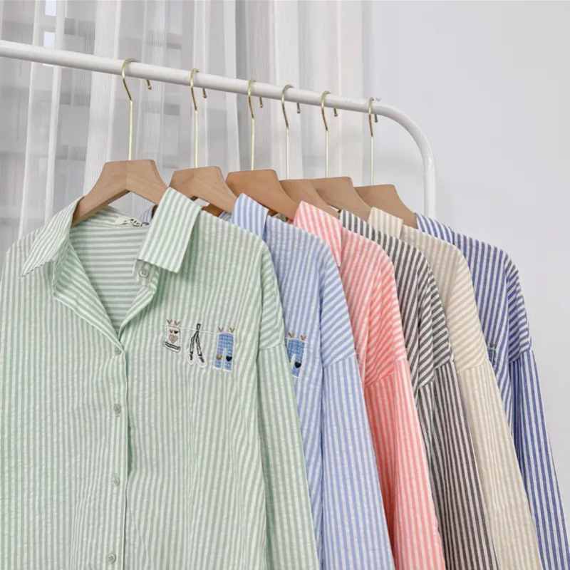 Áo Sơmi Kẻ Sọc Nhí Thêu Hoạ Tiết Xinh Xắn Phong Cách Hàn Quốc