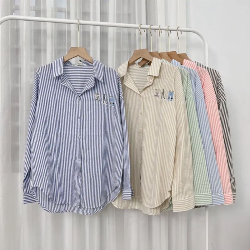 Áo Sơmi Kẻ Sọc Nhí Thêu Hoạ Tiết Xinh Xắn Phong Cách Hàn Quốc