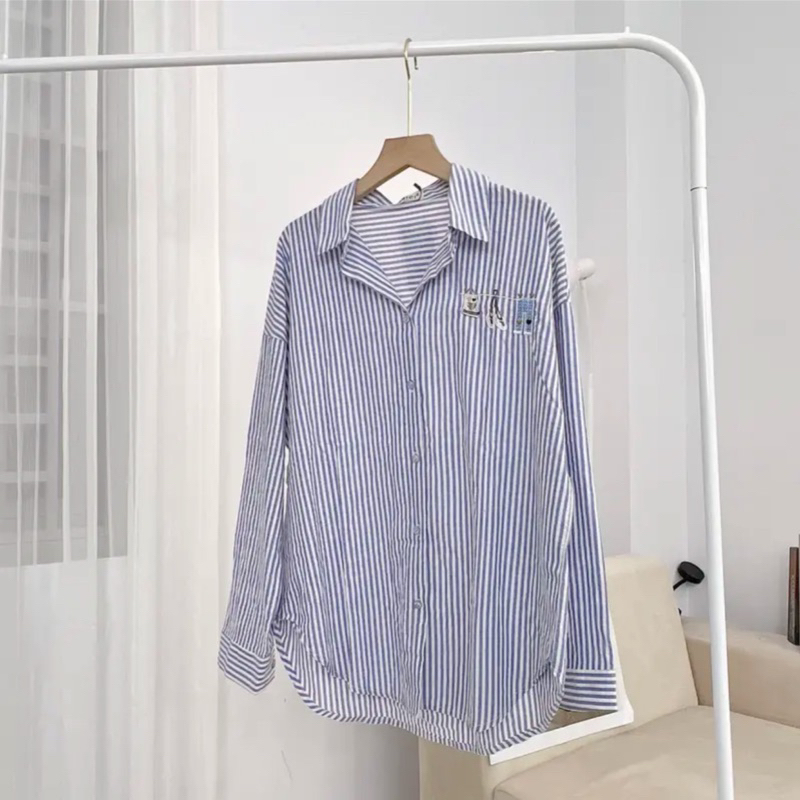 Áo Sơmi Kẻ Sọc Nhí Thêu Hoạ Tiết Xinh Xắn Phong Cách Hàn Quốc