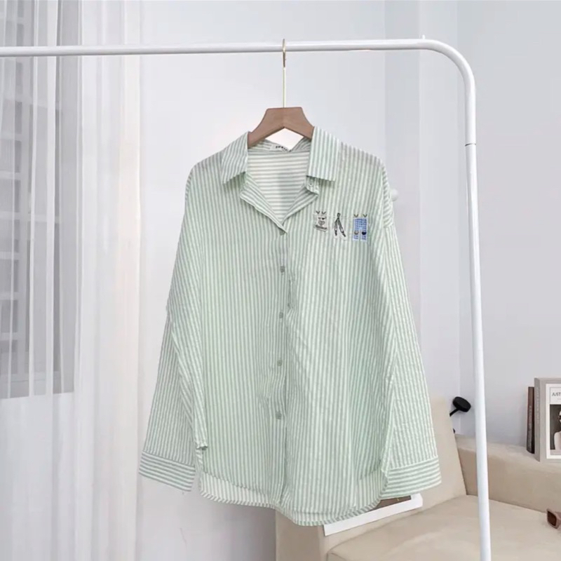 Áo Sơmi Kẻ Sọc Nhí Thêu Hoạ Tiết Xinh Xắn Phong Cách Hàn Quốc