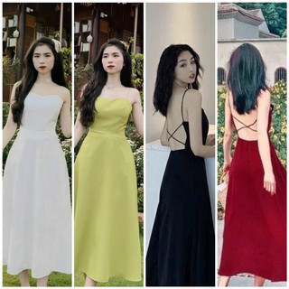 Đầm váy hai dây đi biển chéo dây sau 4 màu có mút ngực xuongvnxk (kèm hình thật)