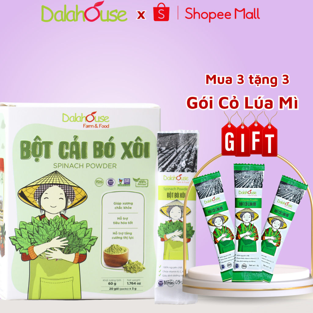 Bột Rau Cải Bó Xôi Hữu Cơ Nguyên Chất Sấy Lạnh Dalahouse hôp 60g Giúp Detox Cơ Thể